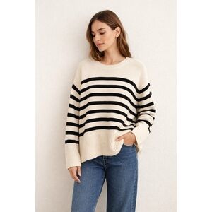 Gap Cream Black Striped Cotton Knit Sweater Women’s Large Oversized